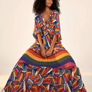 FARM Rio Multicolor Floral-Stripe Maxi Dress - Blue, Orange, Pink, Yellow, Green